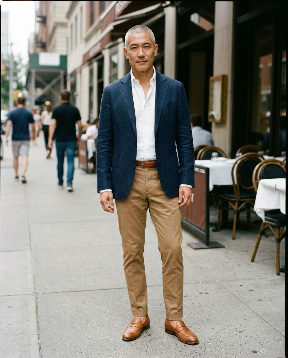 Classic Smart Casual: White Shirt, Navy Blazer, Tan Chinos — Mens Casual Outfits