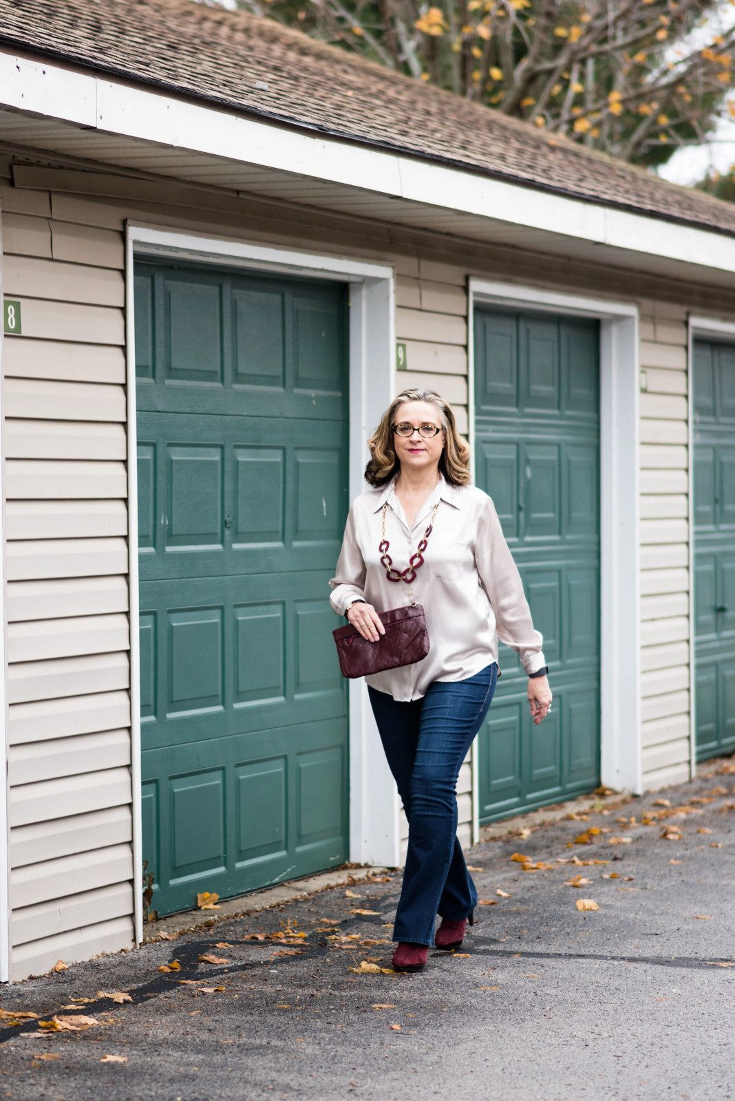 Satin Blouse and Fitted Jeans with Burgundy Accents — Dressy Casual Outfits