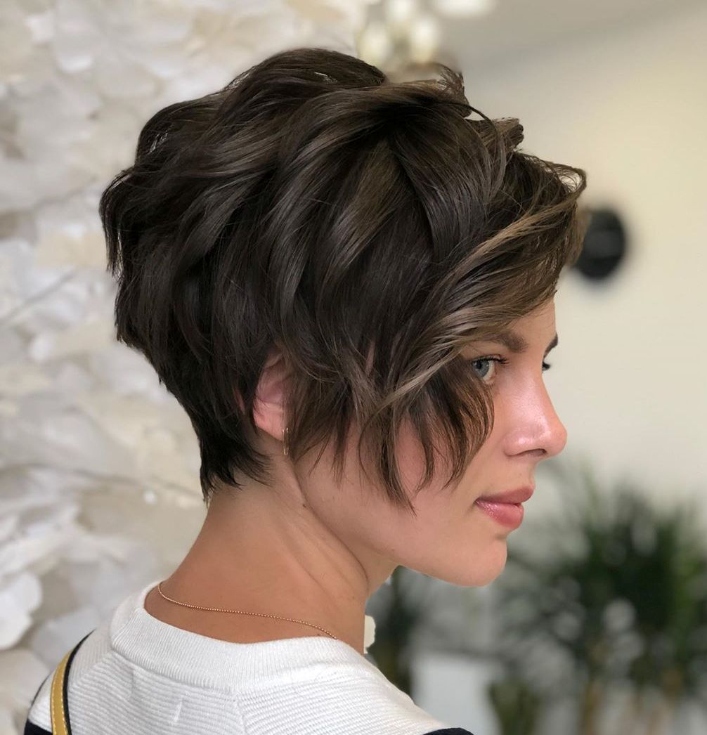 Tousled Dark Brown Pixie With Wispy Bangs Tousled Dark Brown Pixie With Wispy Bangs — Short Hair with Bangs