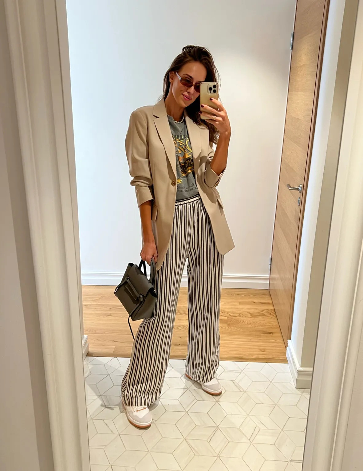 Striped Wide-Leg Pants and Blazer with Low-Tops Striped Wide-Leg Pants and Blazer with Low-Tops — New Balance 550 Outfits