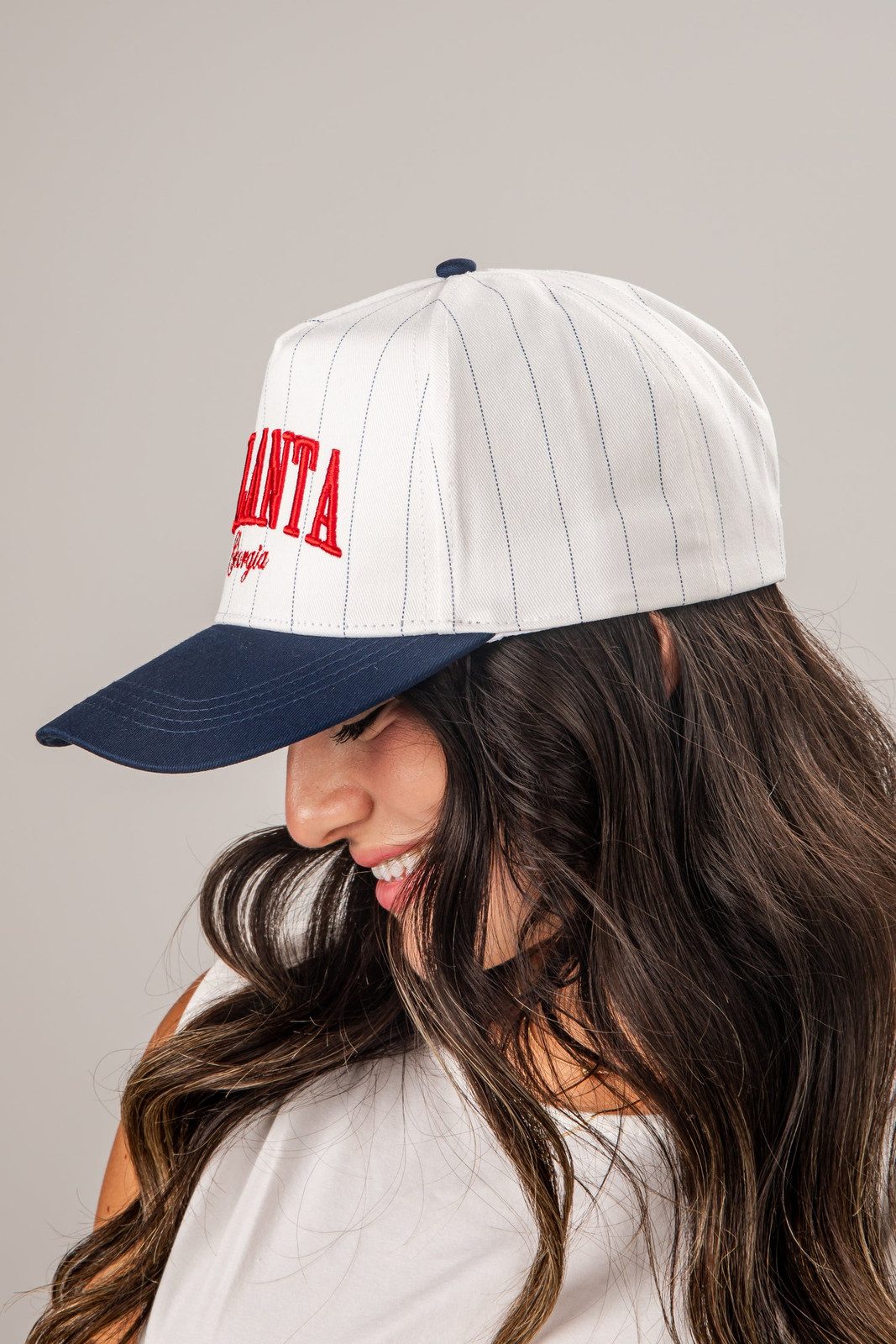 Pinstripe Trucker Hat with 'Atlanta' Lettering Pinstripe Trucker Hat with 'Atlanta' Lettering — Trucker Hat Outfits