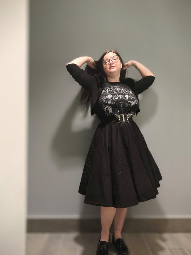 Graphic T-Shirt Under Cardigan with Flared Skirt for Casual Corporate Goth — Corporate Goth Outfits