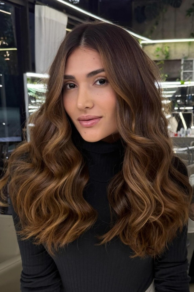 Front View Mid-Back Medium Brown With Caramel Balayage Front View Mid-Back Medium Brown With Caramel Balayage