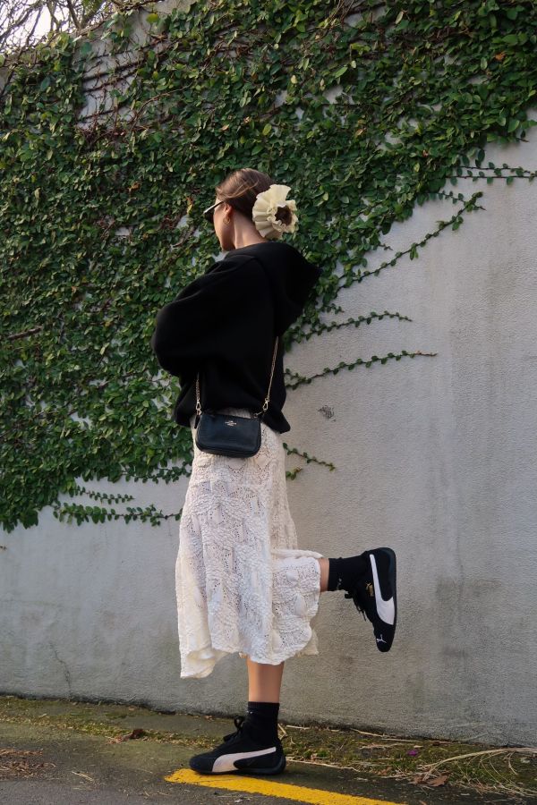 Sporty Feminine: Lace Midi Skirt, Hoodie, and Black Speedcats Sporty Feminine: Lace Midi Skirt, Hoodie, and Black Speedcats — Puma Speedcat Outfits