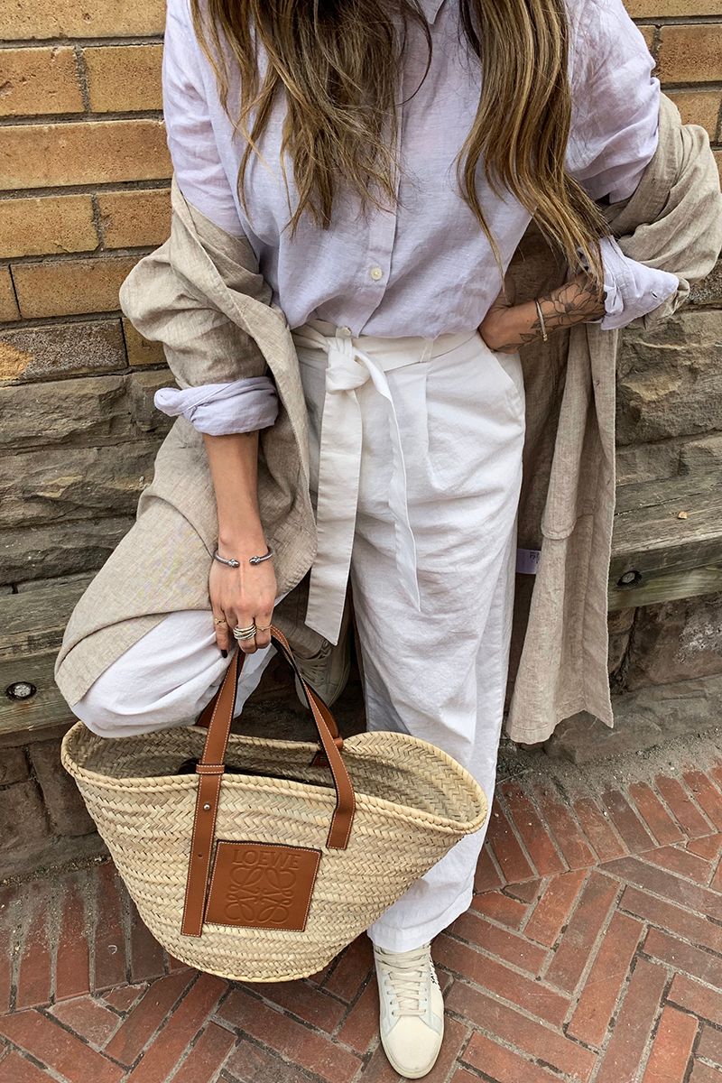 Relaxed Daytime Chic with a Straw Basket Bag and Linen Duster — Loewe Bag Outfits