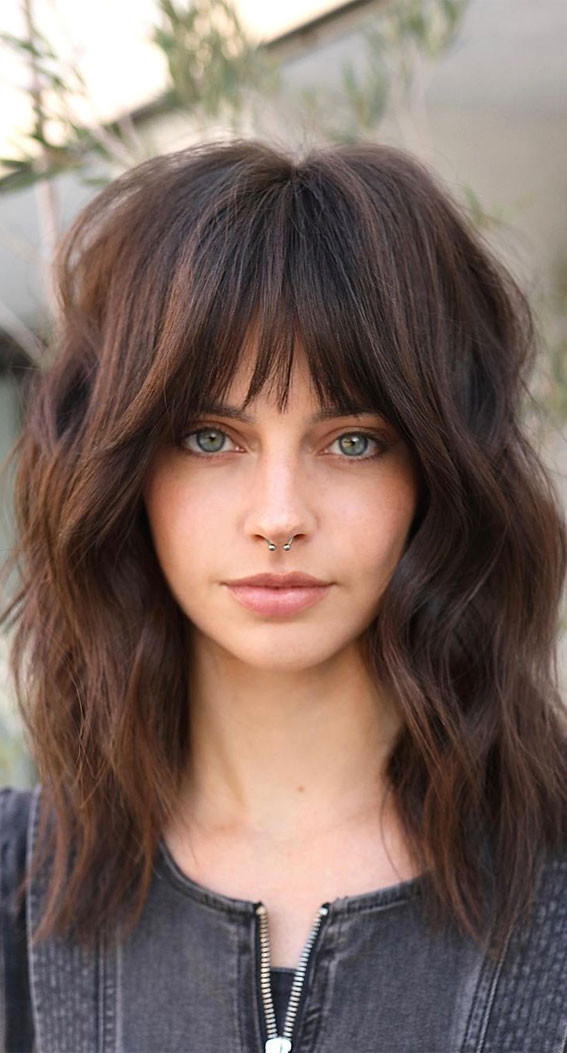 Collarbone Dark Brown Shag With Textured Fringe Collarbone Dark Brown Shag With Textured Fringe