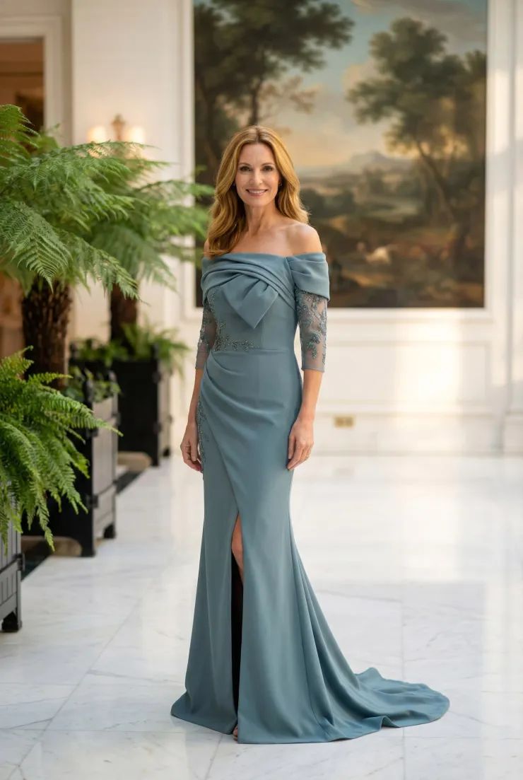 Dusty Blue Crepe Mermaid Gown with Lace Sleeve Detail Dusty Blue Crepe Mermaid Gown with Lace Sleeve Detail — Mother of the Bride Outfits