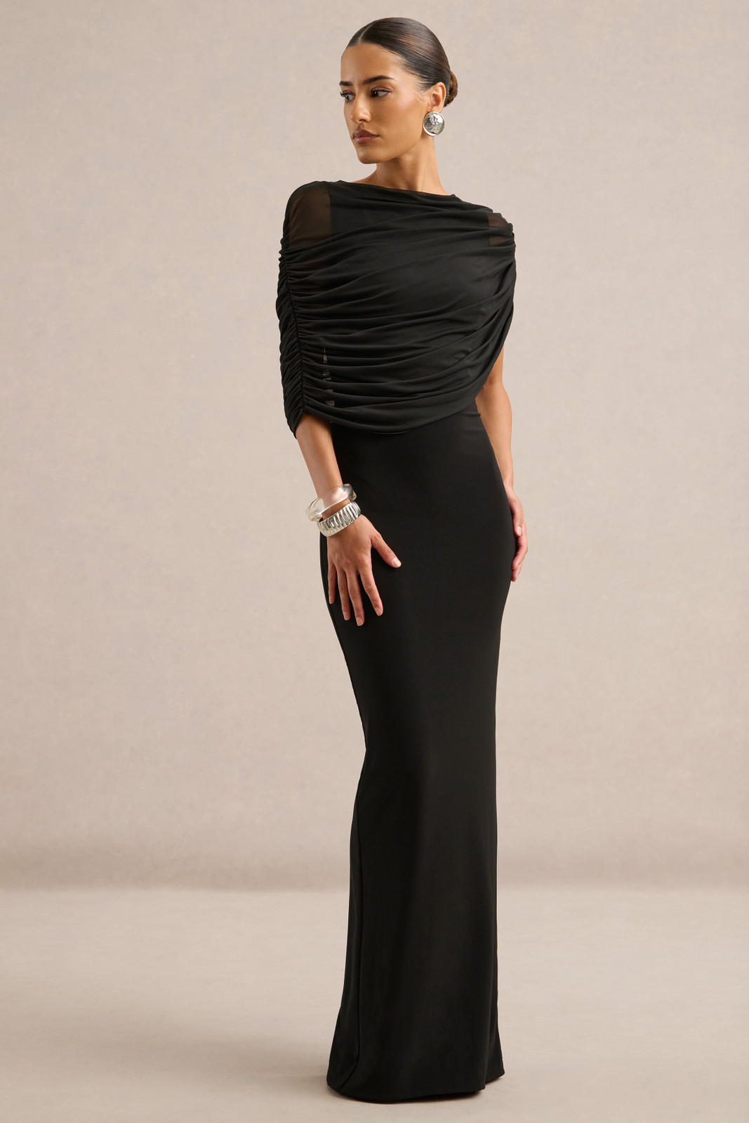 Fitted Jersey Dress with Draped Sheer Overlay — Black Tie Dresses