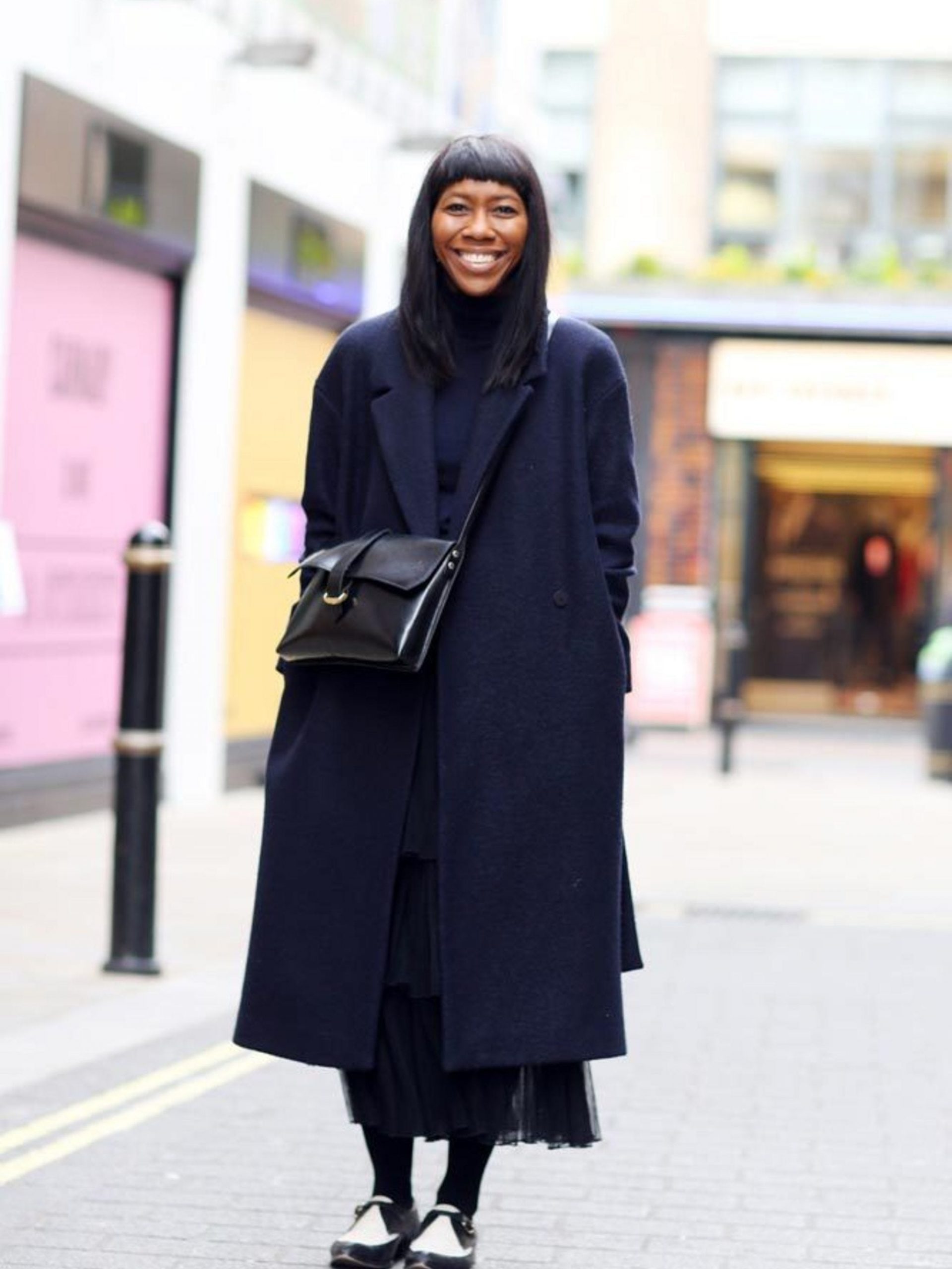Oversized Navy Coat and Flowing Black Skirt — Hijab Work Outfits