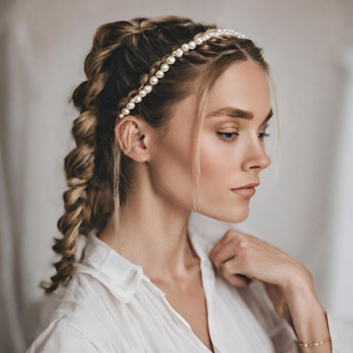 Braided Headband Effect With Pearls Braided Headband Effect With Pearls — Pearl Headband Hairstyles