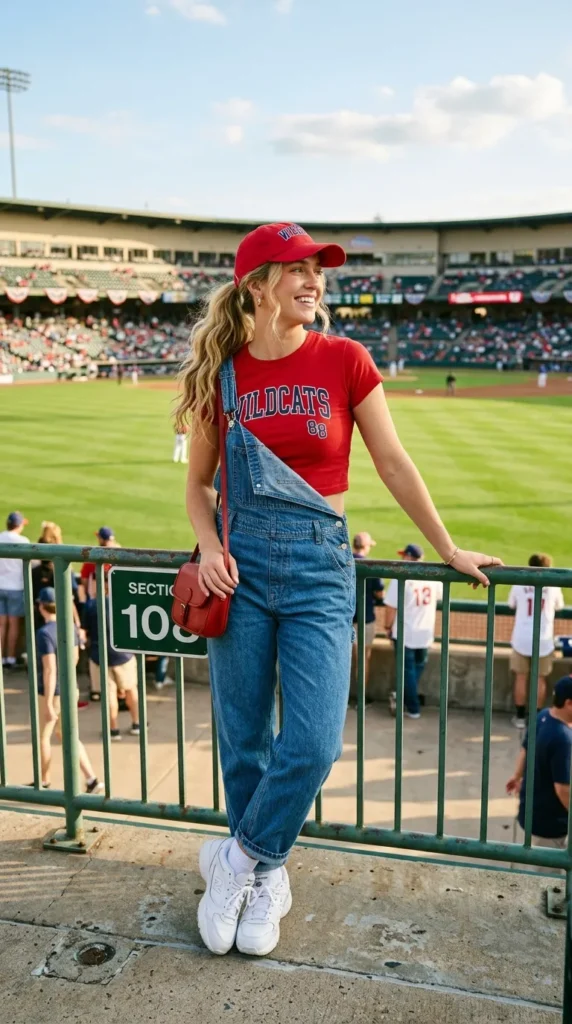 Denim Overalls with a Red Crop Top and Baseball Cap — Baseball Game Outfits