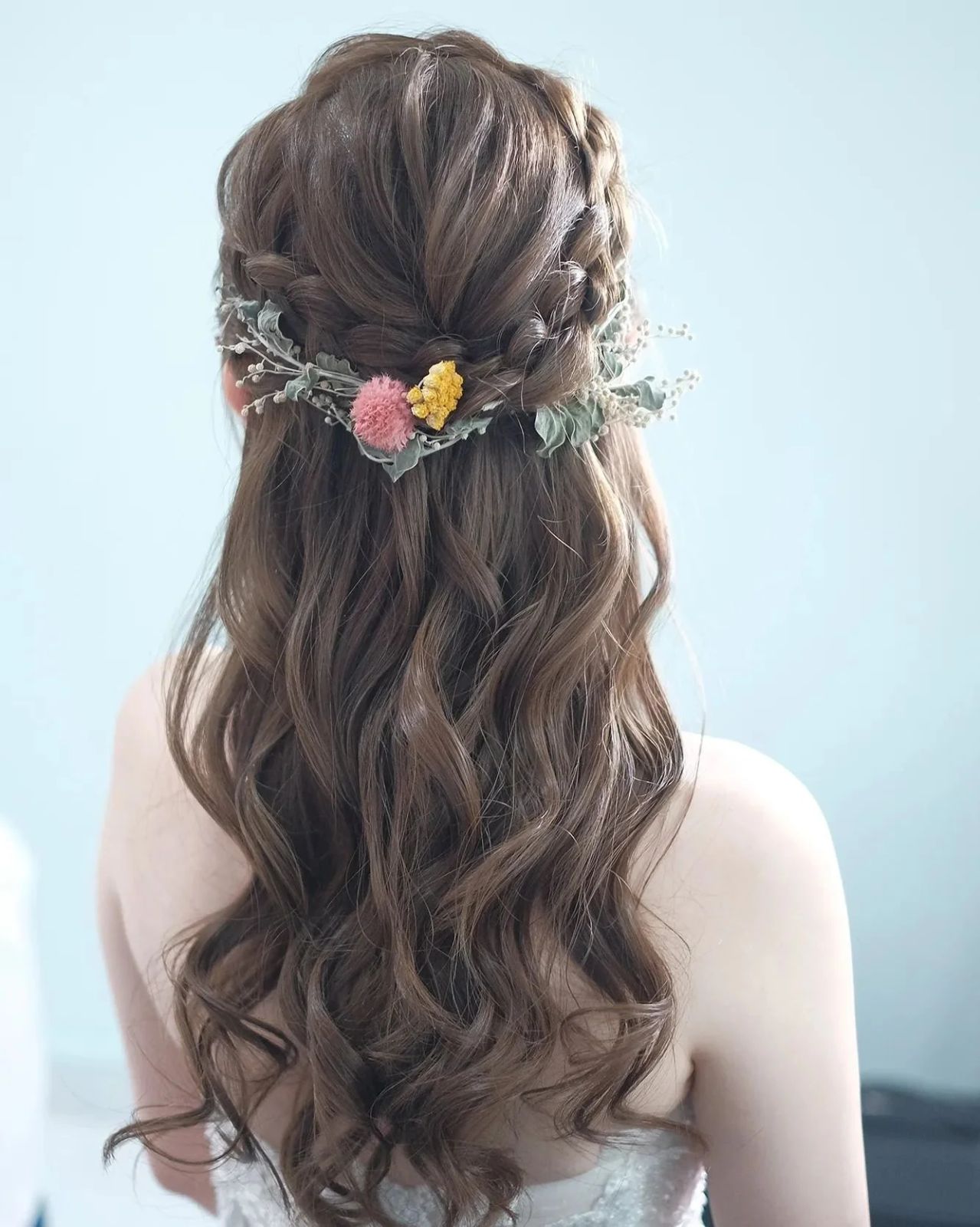 Half-Up With Woven Floral Crown and Braid — Boho Braided Wedding Hair