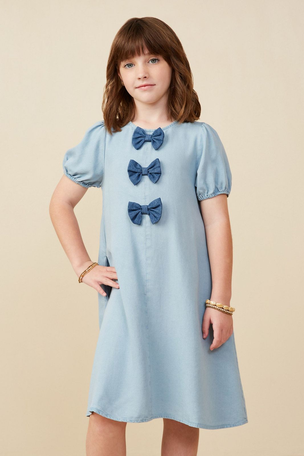 Light Blue Denim Shift Dress with Bow Details Light Blue Denim Shift Dress with Bow Details — Little Girl Dresses