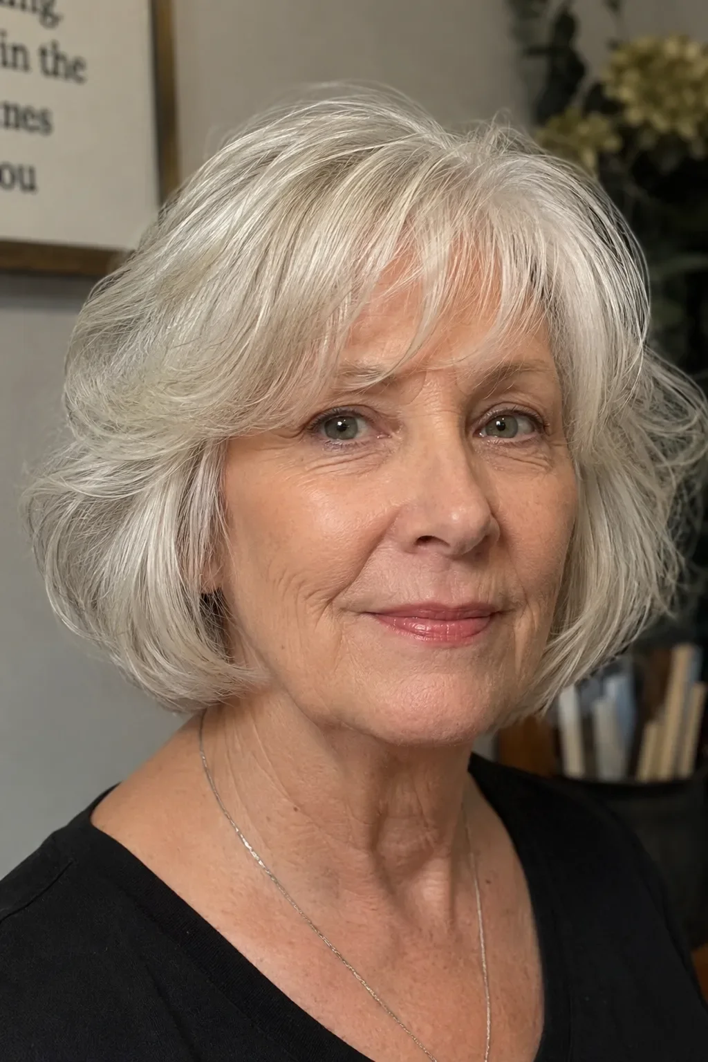 Smooth Ash Blonde Bob With Side Swept Bangs Smooth Ash Blonde Bob With Side Swept Bangs — Hairstyles for Women Over 70