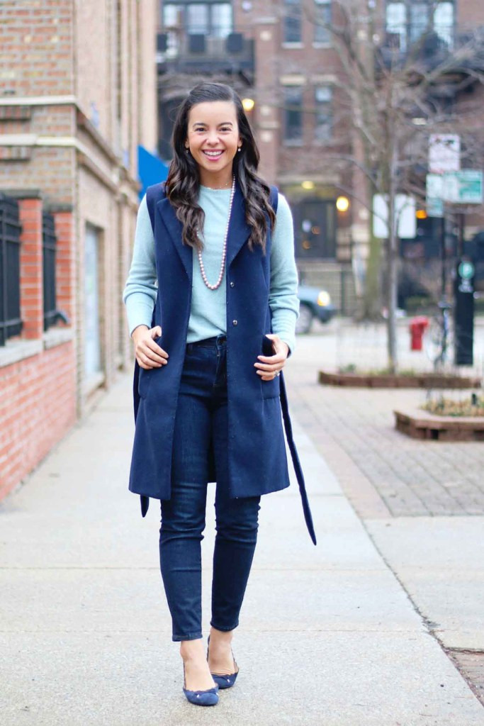Light Blue Sweater with Navy Vest and Pearl Necklace — Student Teacher Outfits