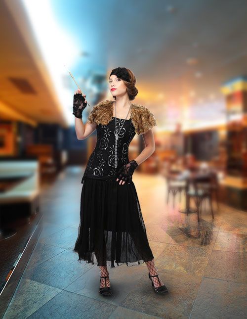1920s Flapper Dress with Faux Fur and Feather Accents — Charleston Outfits