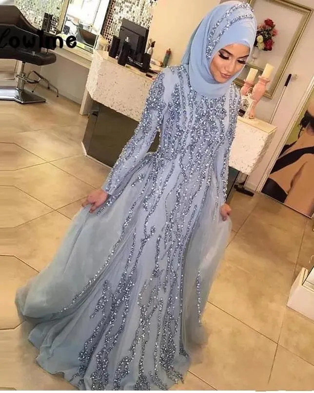 Light Blue Heavily Sequined Mermaid Gown — Formal Hijab Outfits