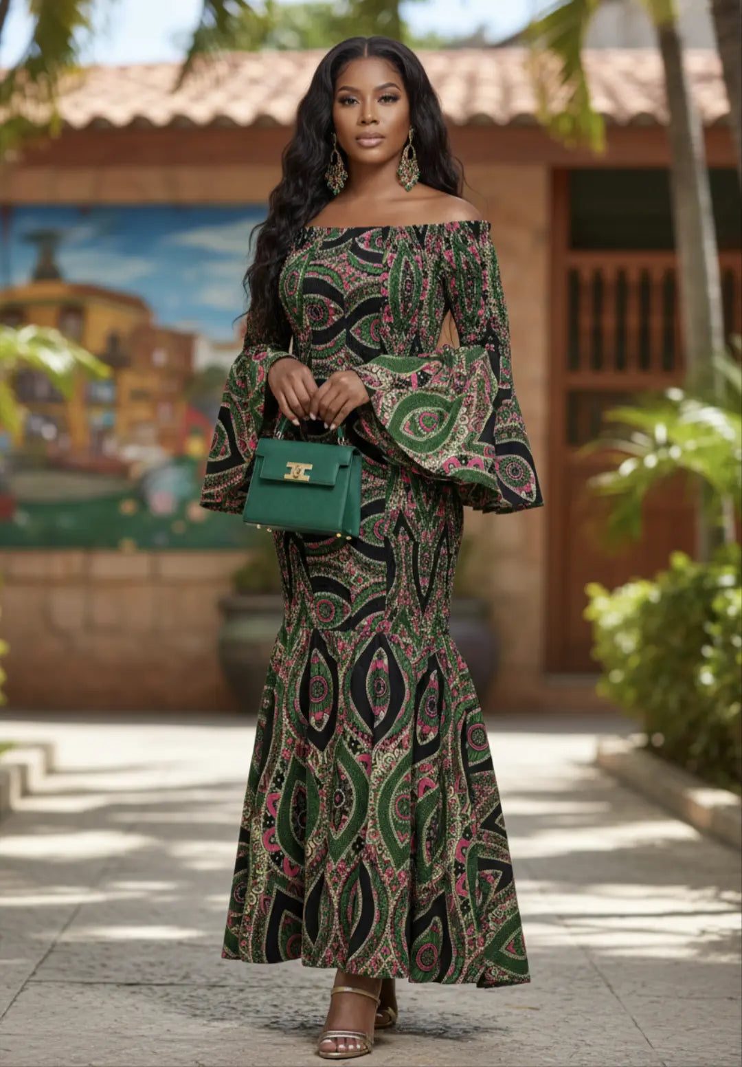 Off-the-Shoulder Maxi Dress with Bell Sleeves and Smocked Bodice — African Print Dresses