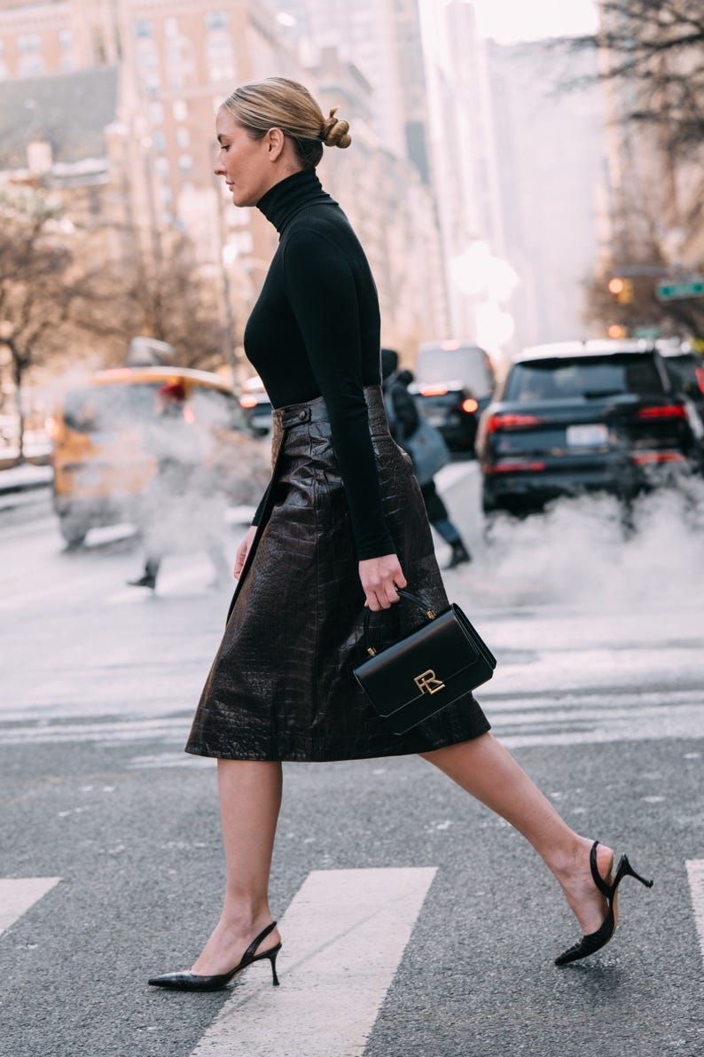Turtleneck and Textured Leather Skirt with Black Slingbacks for Sophistication — Slingback Heels Outfits