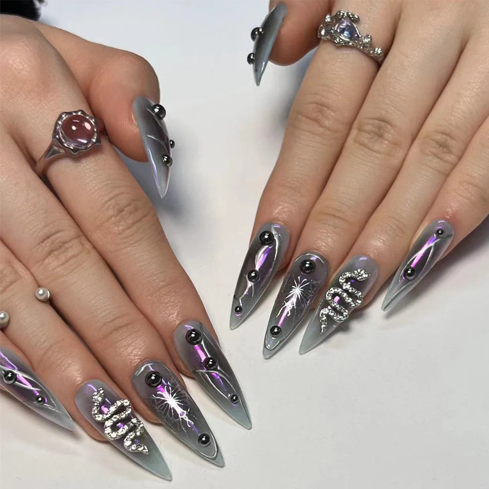 Edgy Chrome Snakes Stiletto Extensions — Nail Extensions