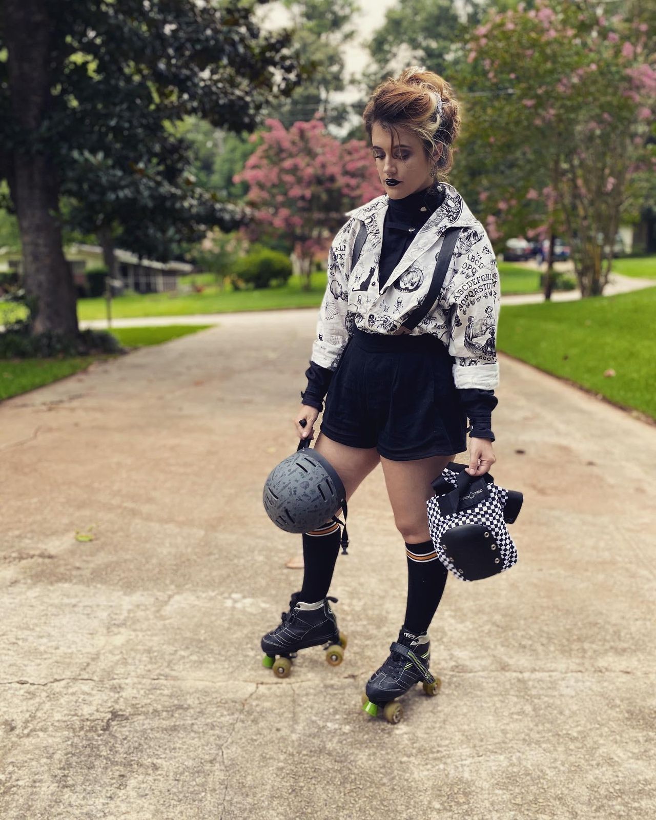 Layered Turtleneck and Suspenders for a Monochrome Skate — Roller Skating Outfits