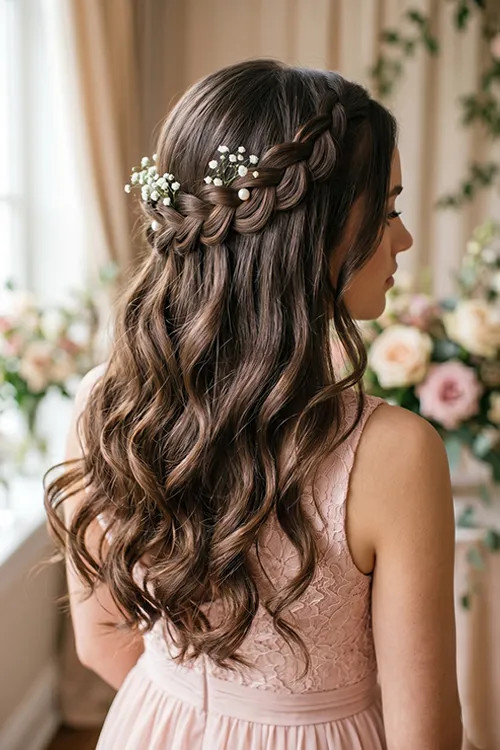Half Updo with Braided Crown and Flowers — Prom Updos