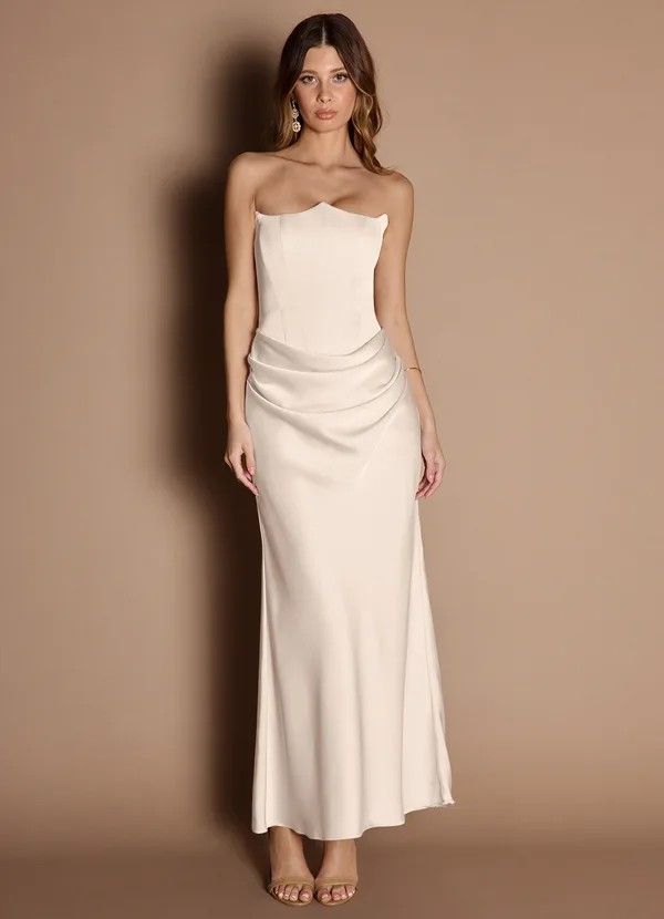Strapless Satin Gown with Cowl Neckline Strapless Satin Gown with Cowl Neckline — Dresses for Broad Shoulders