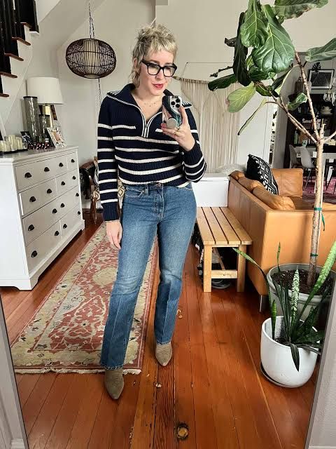 Striped Quarter-Zip Sweater with Denim for Casual Ease Striped Quarter-Zip Sweater with Denim for Casual Ease — J Crew Outfits
