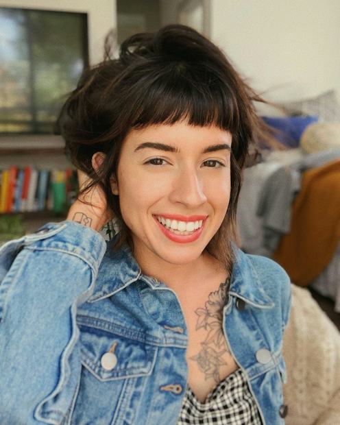 Denim Jacket Over Checkered Top with Micro Bangs Denim Jacket Over Checkered Top with Micro Bangs — Baby Bangs