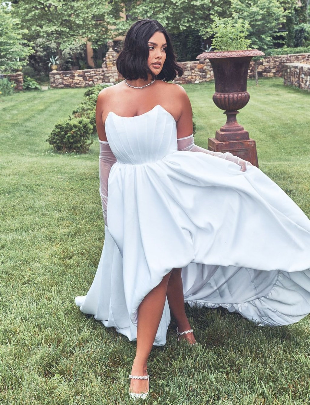 White Strapless Satin High-Low Dress with Sheer Sleeves — High Low Dresses