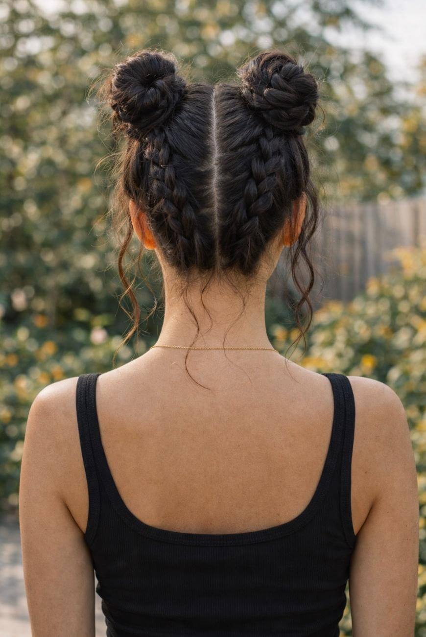 Wavy And Medium Density Dark Brown Braided Space Buns Wavy And Medium Density Dark Brown Braided Space Buns