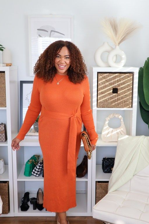 Vibrant Orange Ribbed Knit Midi Dress with Belt and Nude Heels — Midi Dress Outfits