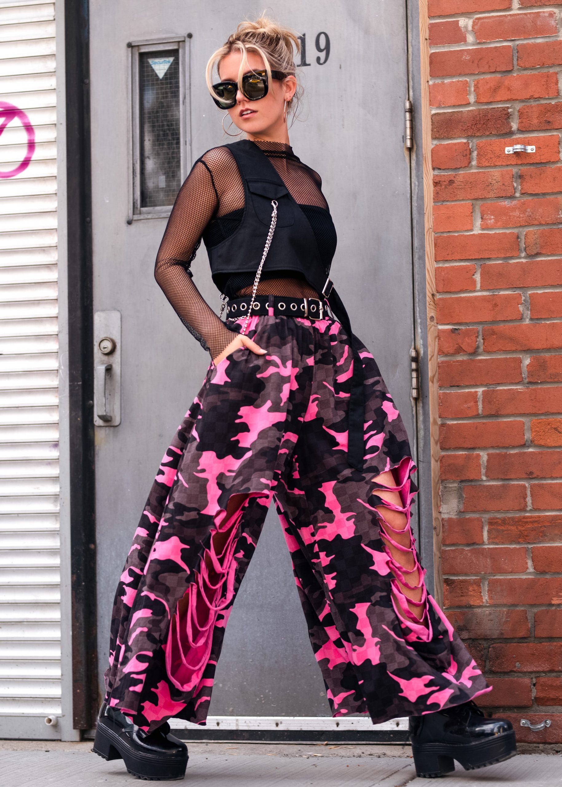 Ripped Pink Camo Pants with Fishnet Top and Platform Boots Ripped Pink Camo Pants with Fishnet Top and Platform Boots — Camo Outfits