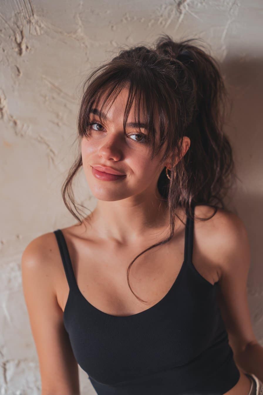 Messy Dark Brown Ponytail with Face-Framing Bangs — Ponytail with Bangs