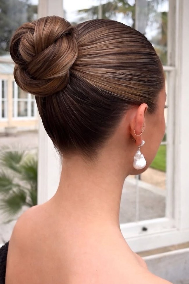 High Shine Sleek Brown Bun High Shine Sleek Brown Bun — Updos for Long Hair