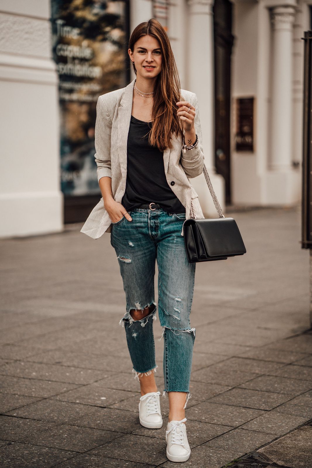 Distressed Boyfriend Jeans with Striped Blazer Distressed Boyfriend Jeans with Striped Blazer — Boyfriend Jeans Outfits