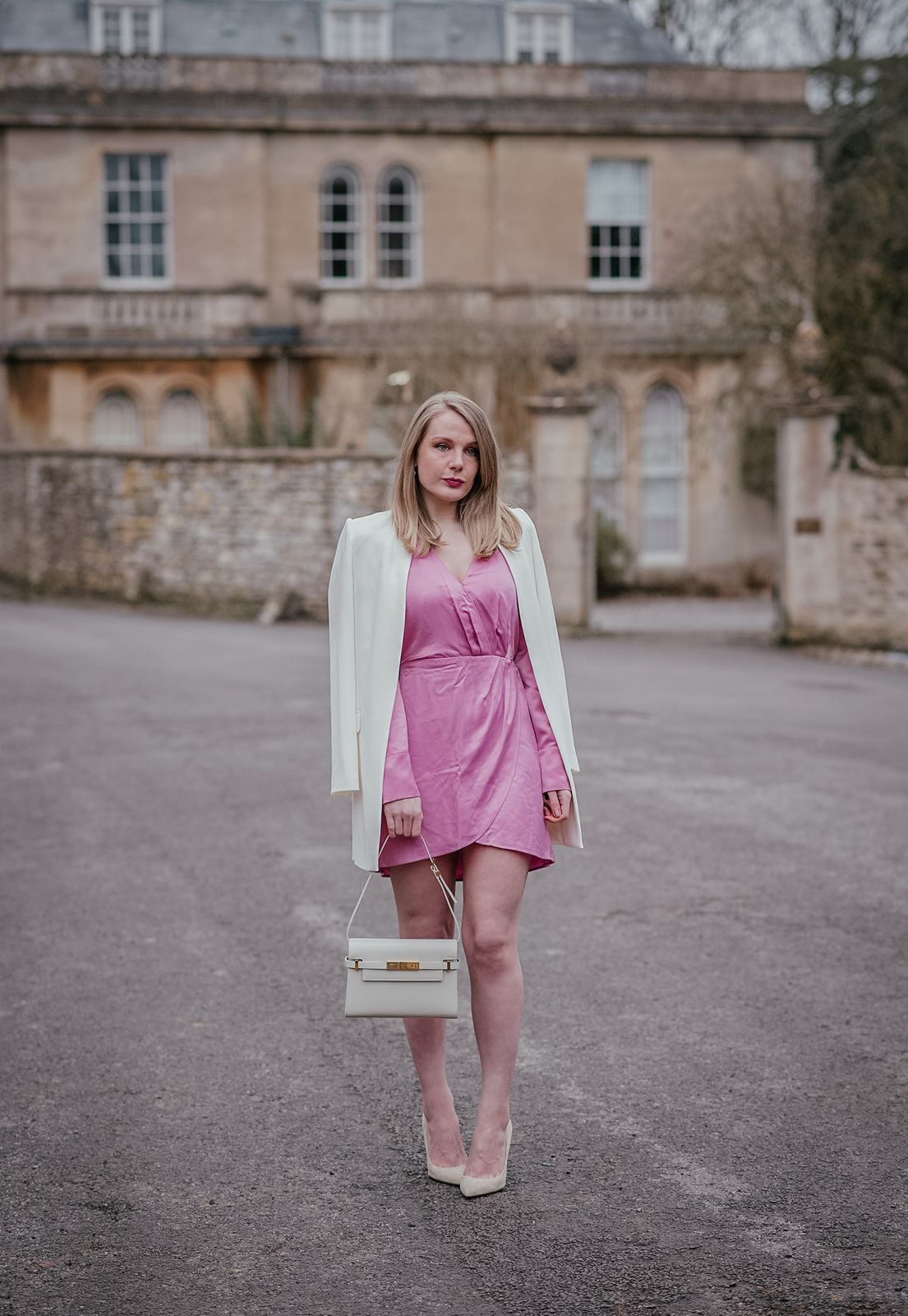 Pink Satin Wrap Dress with White Blazer Pink Satin Wrap Dress with White Blazer — Silk Dresses