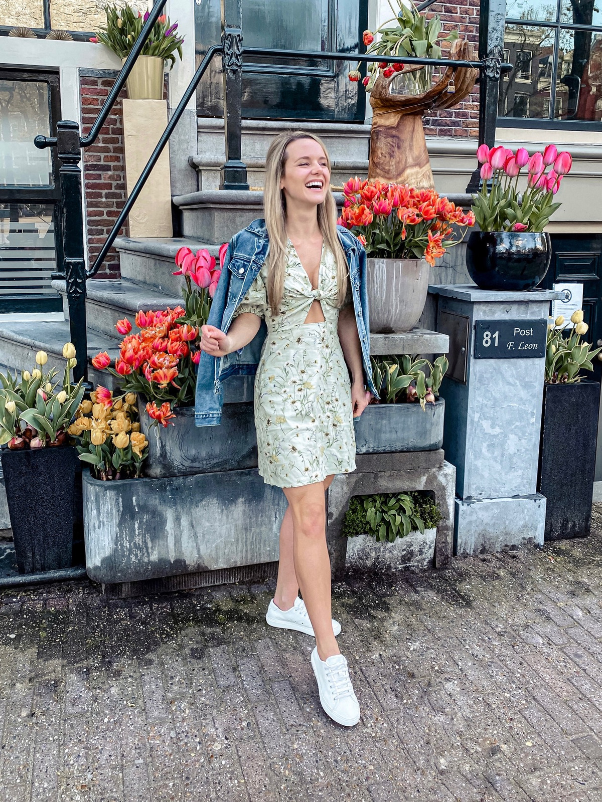 Light Green Floral Cutout Dress with Denim Jacket and Sneakers — Sneakers with Dress Outfits