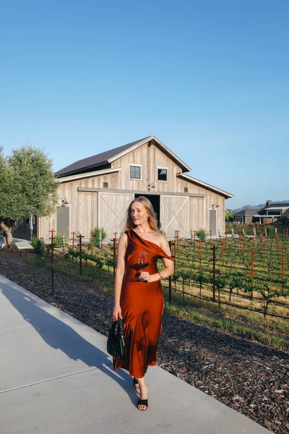 Burnt Orange Satin Slip Dress for an Elegant Wine Tasting Evening Burnt Orange Satin Slip Dress for an Elegant Wine Tasting Evening — Wine Tasting Outfits