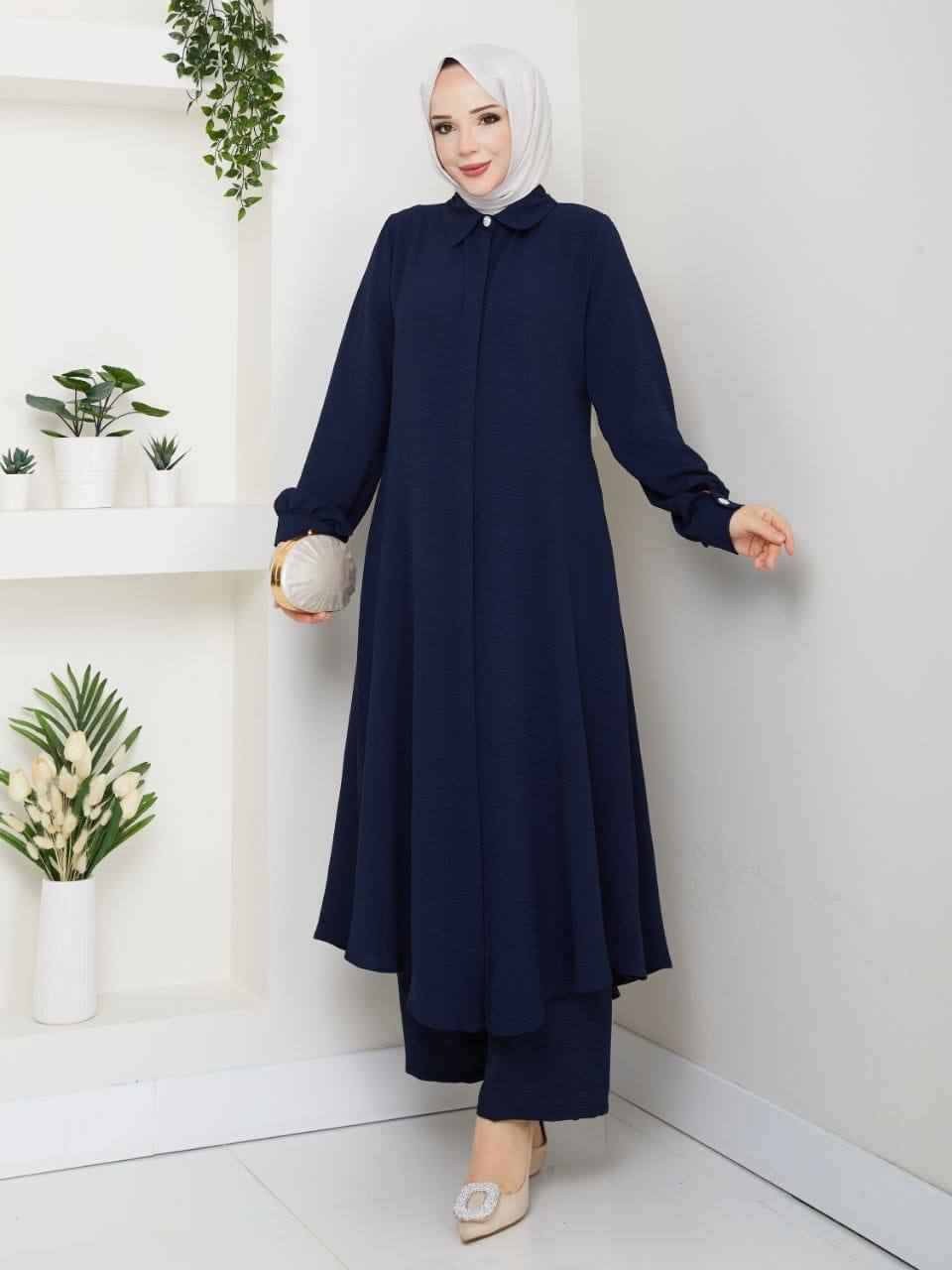 Navy Blue Tunic and Trousers Set for a Structured Casual Look Navy Blue Tunic and Trousers Set for a Structured Casual Look — Casual Hijab Outfits