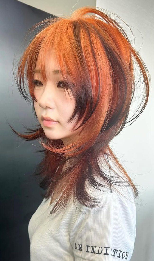 Tangerine Wolf Cut With Dark Lowlights Tangerine Wolf Cut With Dark Lowlights — Tangerine Hair