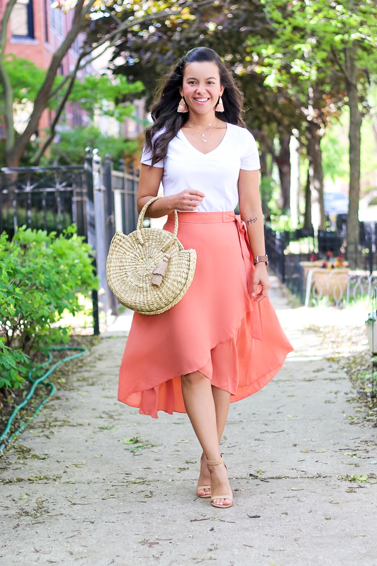 Coral Wrap Skirt with V-Neck Tee for Breezy Summer Style — Skirt Outfits