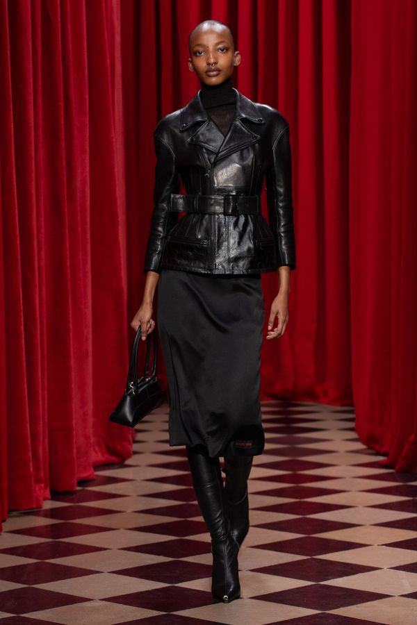 Edgy Chic: Leather Moto Jacket with Satin Midi Skirt Edgy Chic: Leather Moto Jacket with Satin Midi Skirt — Femme Fatale Outfits