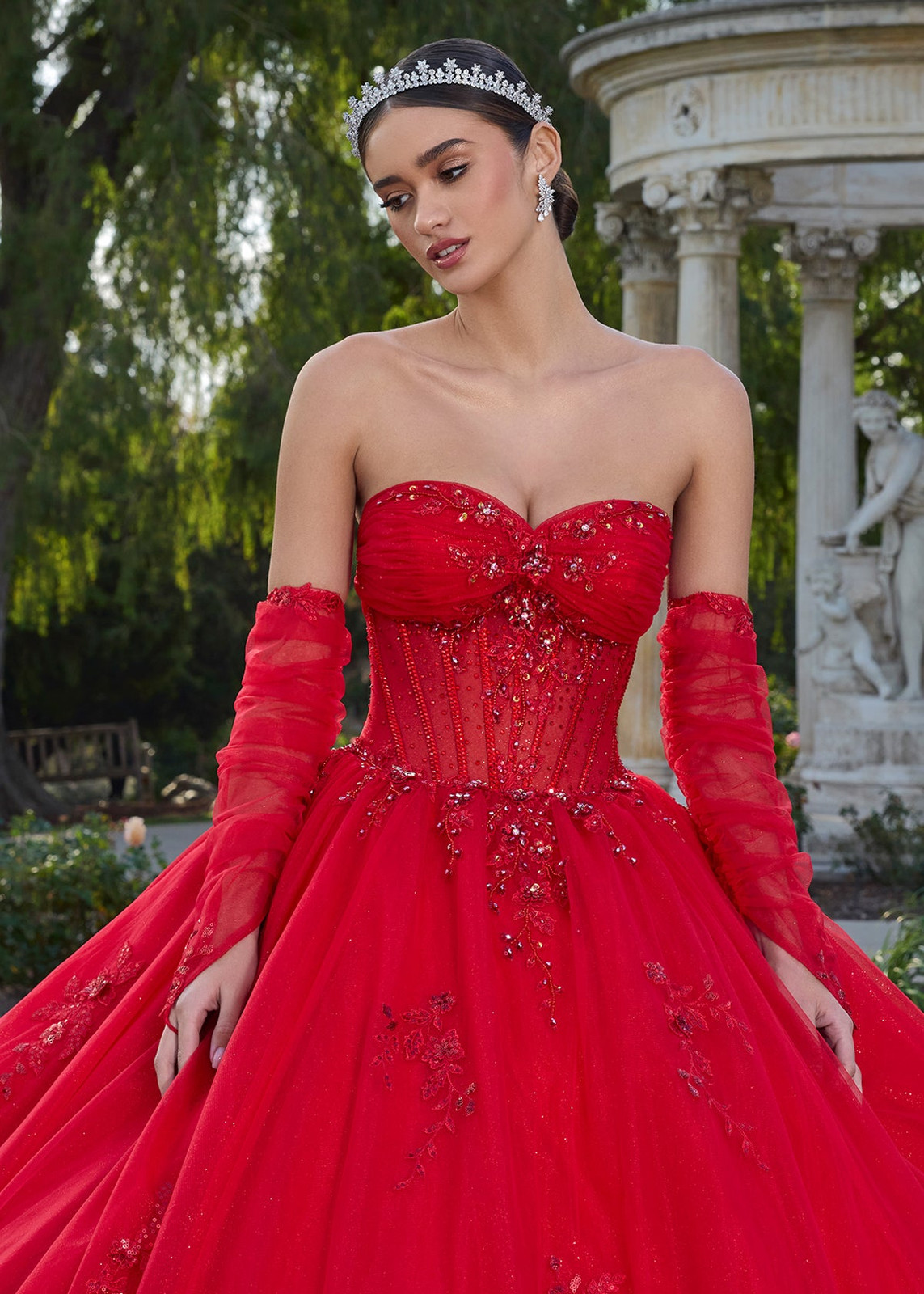Red Strapless Ballgown with Beaded Corset and Gloves Red Strapless Ballgown with Beaded Corset and Gloves — Quinceanera Dresses