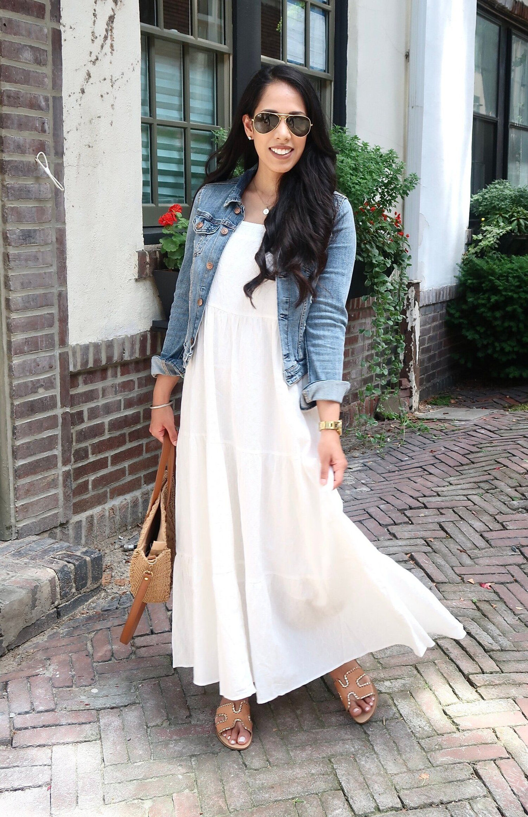 White Tiered Maxi Dress with Denim Jacket Layer — Petite Dresses