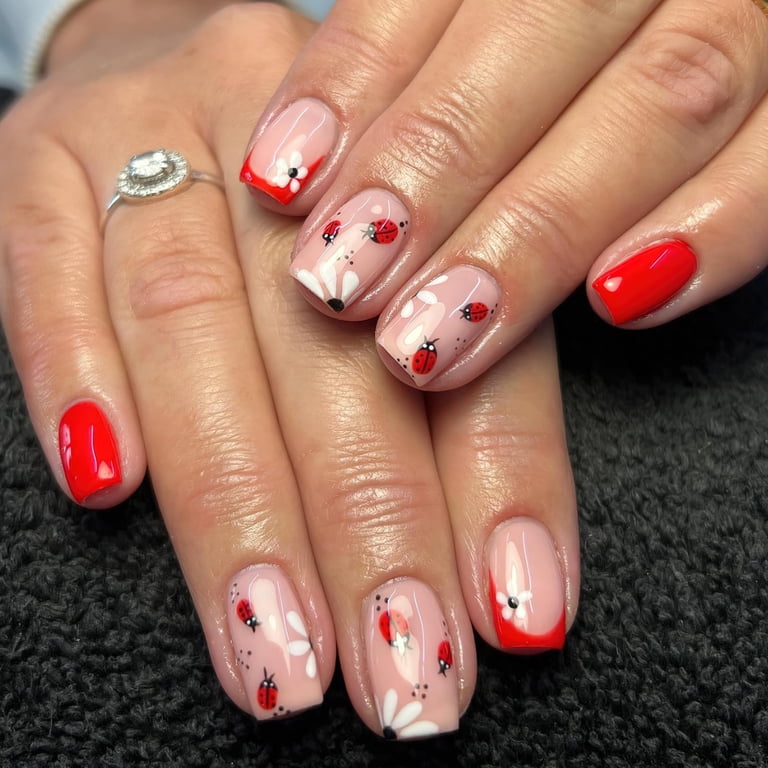 Short Square French Tips with Flowers & Bugs — Ladybug Nails