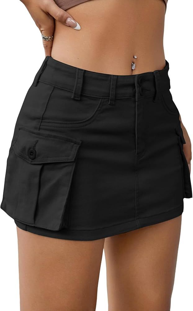 Black Denim Mini Cargo Skirt with Utilitarian Details — Cargo Skirts