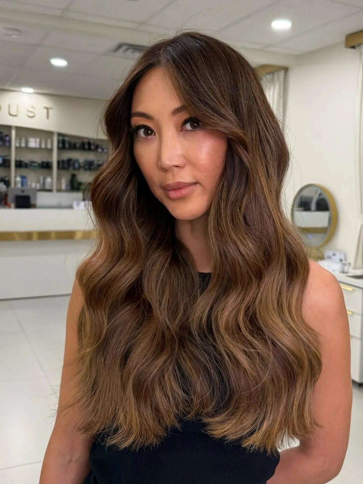 Front View Medium Brown With Caramel Highlights Front View Medium Brown With Caramel Highlights — Hair Color for Medium Skin