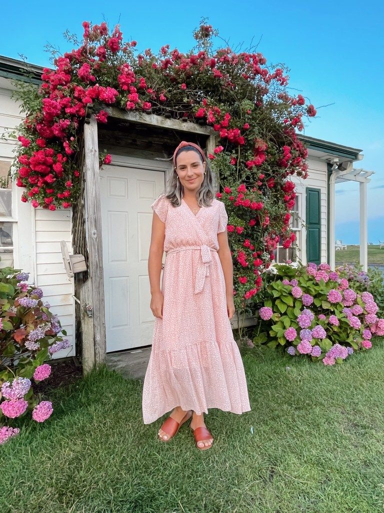 Pink Floral Wrap Maxi Dress with Orange Sandals Pink Floral Wrap Maxi Dress with Orange Sandals — Cape Cod Outfits