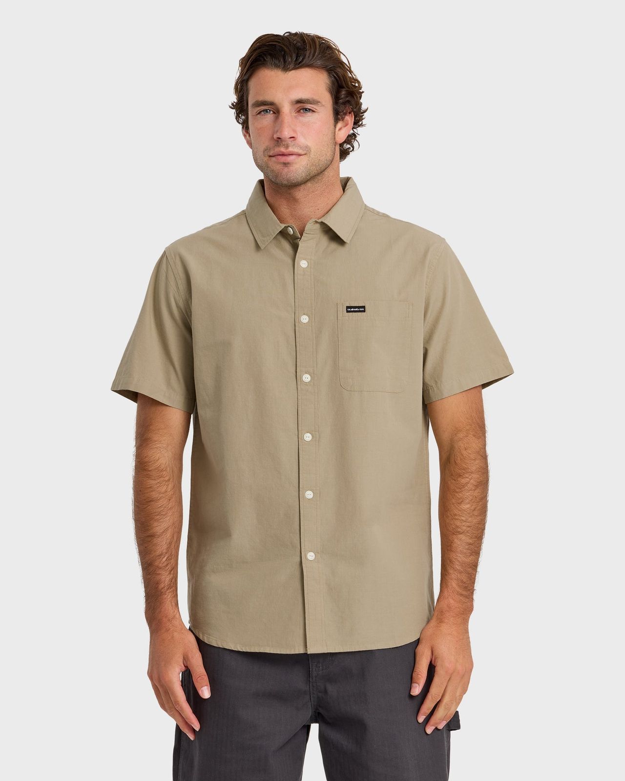Tan Cotton Short-Sleeve Shirt with Chest Pocket — Button Up Shirts